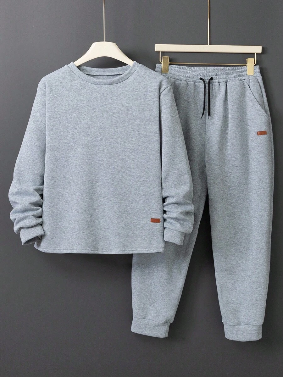 2pcs/Set Casual Basic Curved Hem Crew Neck Sweatshirt Set For Teenage Boys, Suitable For Leisure, Commuting, And Home Wear