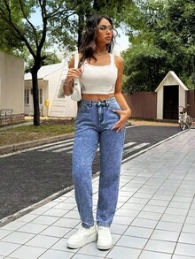 SHEIN PETITE 女士休闲修身锥形七分牛仔裤，蓝色低腰宽松牛仔裤，喇叭裤型女式牛仔裤，娇小款女式牛仔裤 - 中等水洗藍 - 查看 3