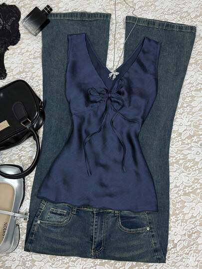 INAWLY 女式纯色V领系带休闲时尚背心