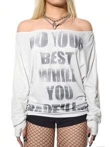 POPSWAY Plus Size Women's Sexy Off Shoulder Long Sleeve Graphic Print Drawstring Casual Loose Top T-Shirt