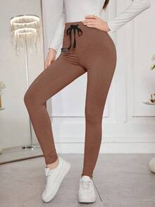 Modelyn Solid Color Drawstring Tight Fit Stretchy Leggings - Coffee Brown - View 4