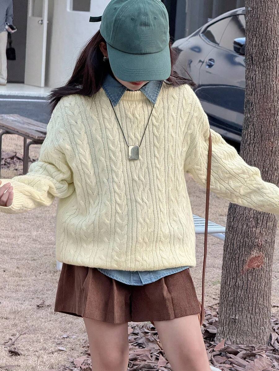 DAZY Tween Girls Round Neck Pullover Sweater, Fall - Beige - View 1