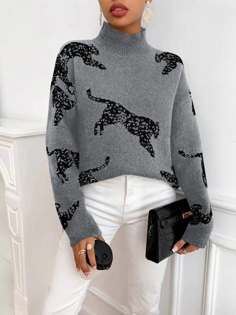 SHEIN Clasi Women's Leopard Pattern Loose Fit Drop Shoulder Stand Collar Sweater, Autumn/Winter - Grey - View 1