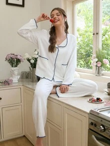 Snug Reverie Women's Casual Contrast Trim Wrinkle Loose Pajama Set, Spring/Autumn Fall Winter Clothes - Apricot - View 1