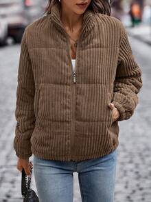 EMERY ROSE Slant Pocket Corduroy Padded Padded Coat Clothes Winter Hiking Coffee Brown Casual - Camel - View 3