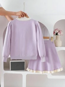 SHEIN Genkimix Kids 青少年女孩毛衣套装，优雅的 3D 蝴蝶结荷叶边下摆毛衣套装，百搭开衫 + 迷你裙 2 件套，长袖针织毛衣套装适合秋冬季日常穿着、旅行、外出 - 紫色 - 查看 2