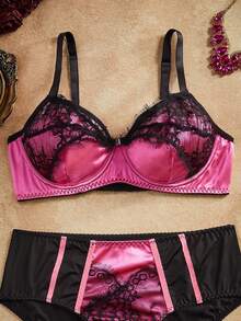 PinupPomp Plus Size Women Lace Patchwork Comfortable Underwire Bra, Lift - Hot Pink - View 7