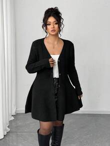 Elenzga Plus Size Women Casual Solid Color Cinched Waist Cardigan, Autumn/Winter Fall Cloth , Halloween - Black - View 6