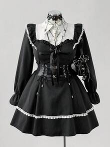 Sunspun Elegantes Herbst/Winter Collegemode süßes gestreiftes Patchwork Design Prinzessinnenkragen Puffärmel Spitzenbesatz Taille gerafft ausgestellter Saum Kleid für Frauen