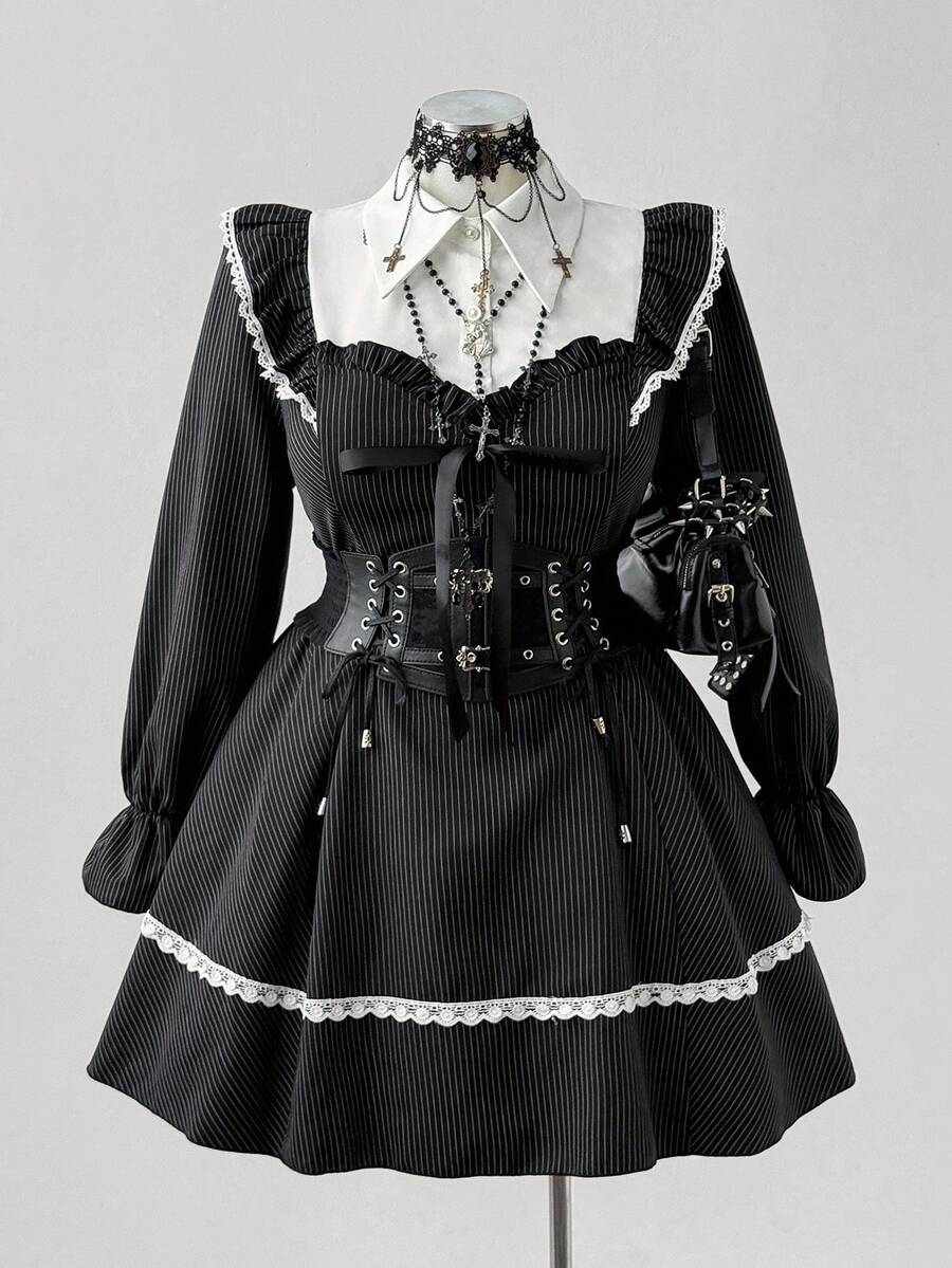 Sunspun Elegantes Herbst/Winter Collegemode süßes gestreiftes Patchwork Design Prinzessinnenkragen Puffärmel Spitzenbesatz Taille gerafft ausgestellter Saum Kleid für Frauen