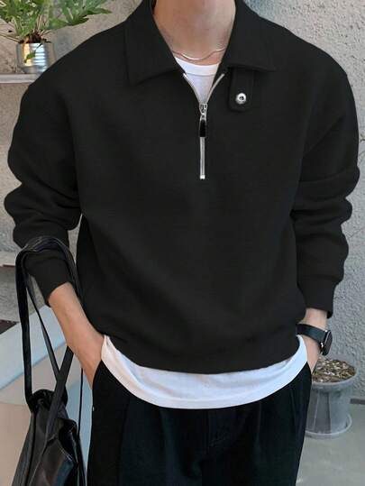 DAZY 男士纯色 Polo 领可调节纽扣套头卫衣，秋冬商务正装四分之一拉链款