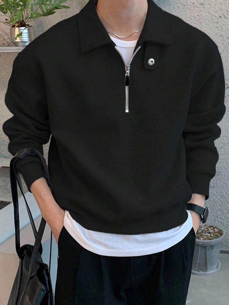 Men's Solid Color Polo Collar Adjustable Button Design Pullover Sweatshirts, Autumn/Winter Business Attire Quarter Zip Men