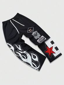 ROMWE MEN Street Life Pantalones de chándal con cordón en la cintura y estampado de llamas de color contrastante para hombres - Negro - Ver 5