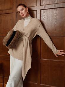 SHEIN LUNE Áo len len cổ chữ V tay dài thiết kế độc đáo, vạt áo bất đối xứng, thắt eo, dáng rộng phong cách Hàn Quốc dành cho nữ, mùa xuân/thu - Lạc đà - Xem 5