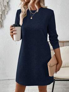 EMERY ROSE Váy suông rộng tay dài màu trơn họa tiết thường ngày cho nữ - Xanh đậm - Xem 6