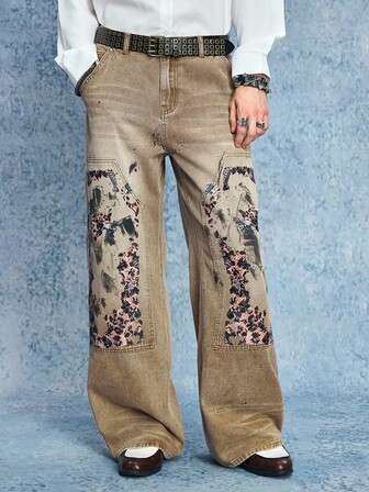 Grunge Punk بنطلون جينز رجالي كاجوال بطبعة نمر وقصة فضفاضة واسعة الساق، بدون حزام