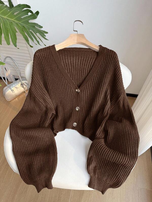 Comfortcana Plus Size Casual Solid Color Button-Up Ribbed Knit Cardigan, Autumn/Winter