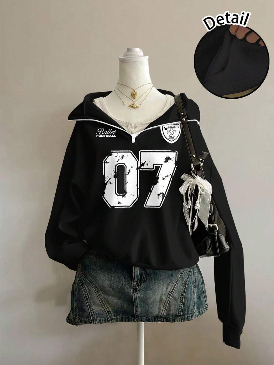 Attitoon 女士休闲宽松7号印花套头卫衣，半拉链高领抓绒，适合秋冬季穿着 - 黑色 - 查看 1