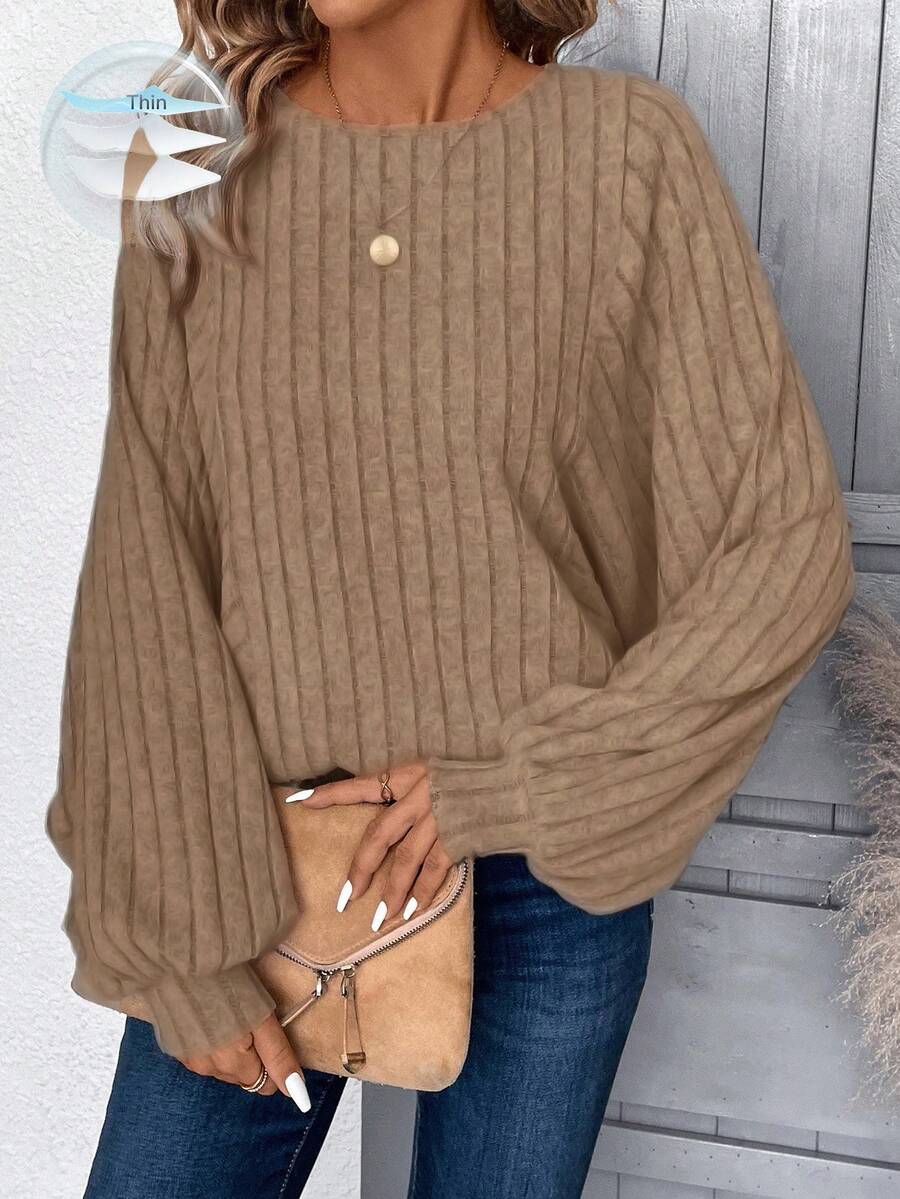 EMERY ROSE Women's Fuzzy Ribbed Batwing Long Sleeve Sweatshirt, Autumn,Fall - Coffee Brown - View 1