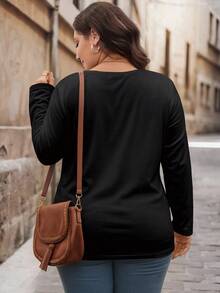 EMERY ROSE 教师节、返校节、音乐节、大码女装、圣诞节和万圣节女装、拉链领T恤、复古黑色纯色女式T恤、大码秋季服装 - 黑色 - 查看 4