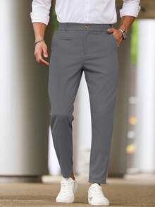 Manfinity Homme Men's Solid Color Pocketed Straight Loose Casual Pants, Versatile, Fall - Dark Grey - View 5