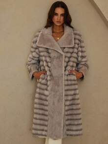 Aveloria Rosie 新款时尚简约高端设计别致长款上衣带口袋，人造毛皮拼接优雅时尚夹克 - 灰色 - 查看 6