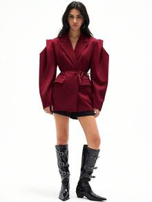 Aveloria GENKIRA Wine Red Loose Casual Commuter Versatile Extra Wide Shoulder Silhouette Cinched Waist Decor Solid Color Blazer - Burgundy - View 3
