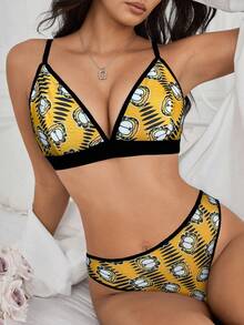 GARFIELD | SHEIN 女士全印花撞色三角杯文胸和内裤套装 - 黑色 - 查看 5