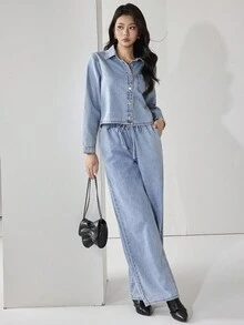 Heiryn Bộ quần jeans và áo sơ mi denim cài nút màu xanh nhạt giản dị mùa hè dành cho nữ - Màu xanh lam - Xem 3
