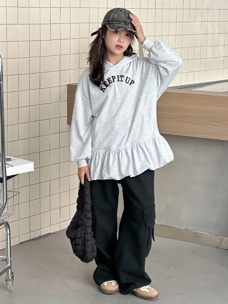 Tween Girl Knit Sweatshirt With Letter Print And Ruffle Hem, Casual