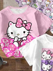 SHEIN Hello Kitty and Friends | Modeflare Wear 3pcs/Set Young Girls' Casual Basic Round Neck Short Sleeve T-Shirts, Suitable For Spring/Summer, Family Activities, Parties, Gatherings