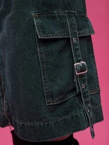 COUREZ Zip Front Indigo Rinse Low Waist Midi Denim Cargo Skirt /Y2K Going Out Outfits Fall Women Clothes Fall Clothes Holiday Cute Winter Clothes For Women