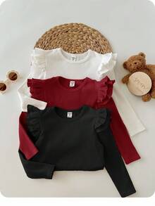 SHEIN Baby Girl 3-Piece Set Flutter Sleeve Ribbed Knit Tops,Cute Black And White Autumn Long Sleeve Shirt For Toddler & Newborn,Matching Family,Soft Fabric - Multicolor - View 2