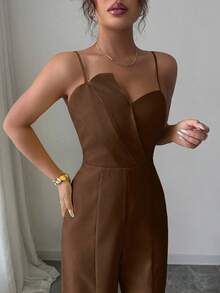 Selianne 女士纯色蕾丝抹胸设计收腰阔腿优雅连体裤，适合通勤和日常穿着 - 巧克力棕 - 查看 7