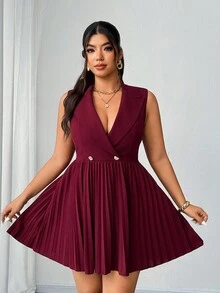 SHEIN Elenzya Plus Size Women's Elegant Refined Casual Business Blazer Collar Cinched Waist Sleeveless Pleated Mini Dress, Spring/Autumn - Burgundy - View 2