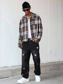 ROMWE MEN Prep Men's Fashionable Loose Plaid Shirt, Young Street Style, Suitable For Street Wear, Casual Daily, Weekend Outings, Music Festivals, Fall - Coffee Brown - View 3