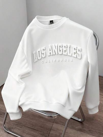 Manfinity Joysei Plus Size Men's White 3D Embossed Slogan Loose Drop Shoulder Thick Hoodie Sweatshirt, Suitable For Autumn/Winter, School, Outings, Friend Gifts