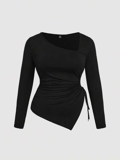 SHEIN MOD 加大码不对称下摆抽绳舒适日常斜领长袖T恤