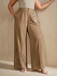 Anewsta Plus Size Fashionable Beaded Women Pants - Khaki - View 6