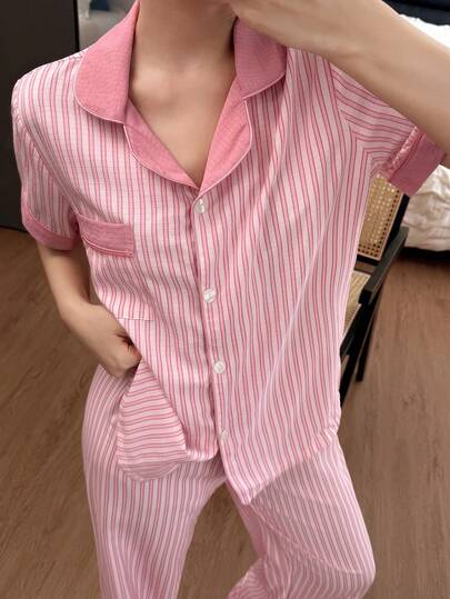 SHEIN Conjunto de pijama de mujer con pantalón y blusa de manga corta con efecto arrugado y bloques de color