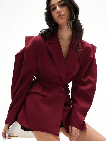 Aveloria Affinna Wine Red Loose Casual Commuter Versatile Extra Wide Shoulder Silhouette Cinched Waist Decor Solid Color Blazer