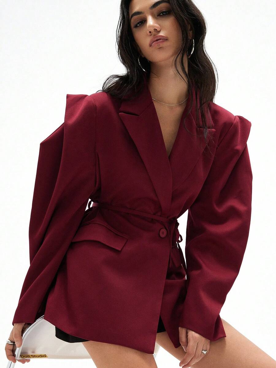 Aveloria GENKIRA Wine Red Loose Casual Commuter Versatile Extra Wide Shoulder Silhouette Cinched Waist Decor Solid Color Blazer - Burgundy - View 1