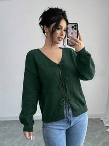 Selianne 女式纯色前系带长袖休闲衬衫，简约设计，适合日常穿着短款开衫黑色开衫女孩蝴蝶结开衫黑色开衫短款开衫 - 墨綠色 - 查看 4