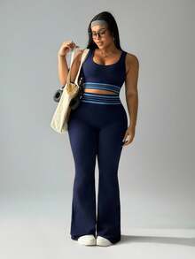 Rhythm Era Bộ đồ thể thao không tay và quần kẻ sọc chắp vá cỡ lớn cho nữ - Màu xanh hải quân - Xem 5