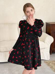 LMoss Kids Vestido casual de malha com estampa de cereja e manga gigot para meninas pré-adolescentes