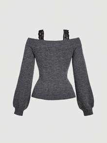 SHEIN MOD Women's Black Lace 2 In 1 Grey Sweater In Fall/Winter - Dark Grey - View 2
