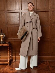 SHEIN Stylify Palton lung din lână pentru femei, cu guler detașabil, cu legături în talie, cu buzunar drept, potrivit pentru ținute în aer liber, toamnă/iarnă - Kaki - Vizualizare 5