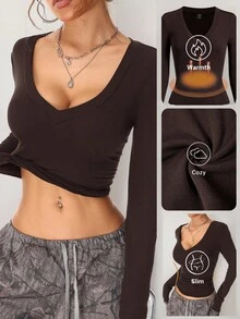 Coolane 女士冬季街头服饰复古基本款保暖/寒冷天气/保暖舒适白色、黑色、棕色长袖 T 恤/三件套 - 彩色 - 查看 5