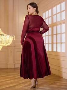 Modelyn Plus Size Patchwork Velvet Long Dress, Round Neck Loose & Slimming Fit, New Style For Autumn/Winter Burgundy Women Outfit Long Evening Dresses - Burgundy - View 2