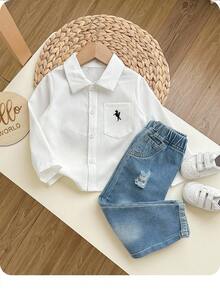 2 件套男婴骑士印花口袋长袖衬衫和牛仔裤休闲装，秋冬 - 米色 - 查看 8